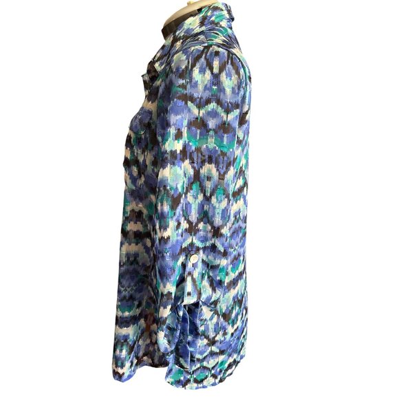 Ruby Rd. Petite Button-Up Tunic Top 10P Blue & Green Abstract Print 3/4 Sleeves - Picture 2 of 7